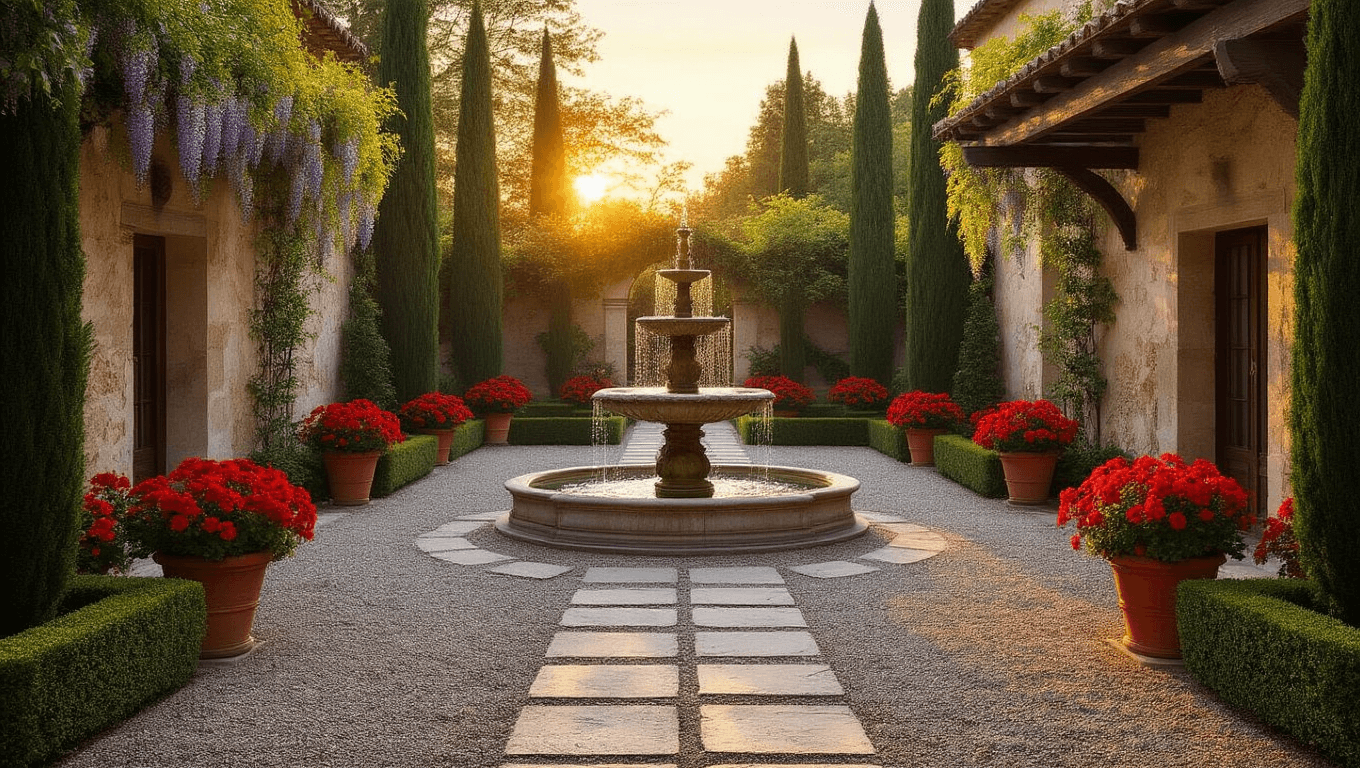 Photorealistic wide-angle shot of a sunlit Italian courtyard garden at sunset, featuring a three-tiered limestone fountain, manicured cypress trees, flowering wisteria, vibrant red geraniums, geometric boxwood hedges, a rustic wooden pergola, and a bistro seating area, all bathed in warm amber tones with slight lens flare.