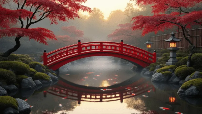 Photorealistic image of a vermillion-red Japanese moon bridge arching over a koi pond at golden hour, reflecting perfectly in the still water, surrounded by manicured Japanese maple trees, stone lanterns, and mist.