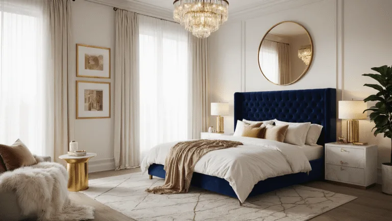 Hyperrealistic interior photograph of a luxurious bedroom featuring a navy tufted velvet headboard, king-size bed with white linens and cream, blush, and gold pillows, illuminated by golden hour light, with a round brass mirror, crystal chandelier, marble side tables, and a curated gallery wall.