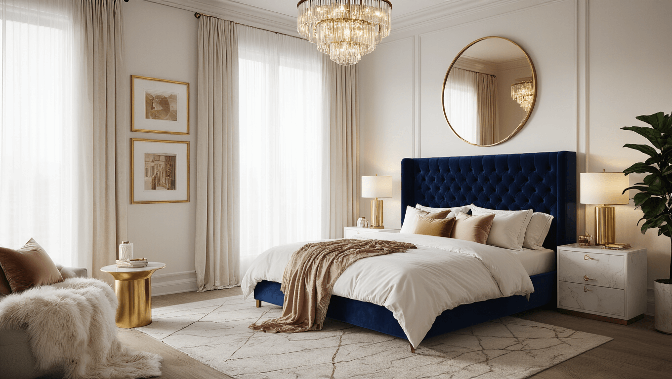 Hyperrealistic interior photograph of a luxurious bedroom featuring a navy tufted velvet headboard, king-size bed with white linens and cream, blush, and gold pillows, illuminated by golden hour light, with a round brass mirror, crystal chandelier, marble side tables, and a curated gallery wall.