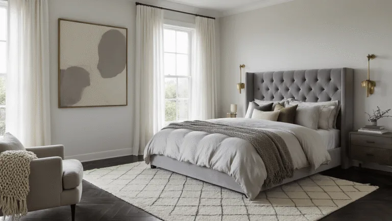 Cinematic wide-angle shot of a luxurious grey bedroom featuring a king-sized bed with a tufted velvet headboard, layered Belgian linen bedding, and elegant decor elements, illuminated by soft morning light and vintage brass sconces.