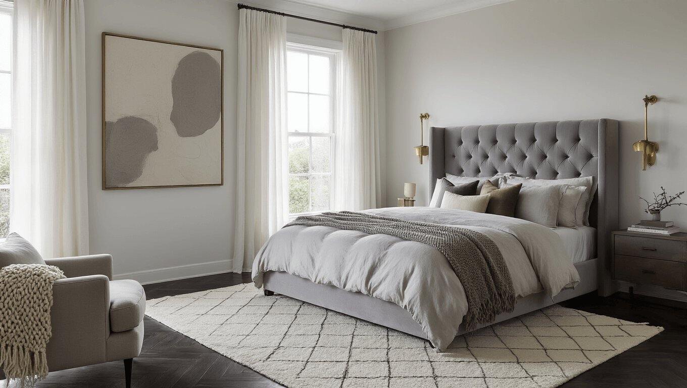Cinematic wide-angle shot of a luxurious grey bedroom featuring a king-sized bed with a tufted velvet headboard, layered Belgian linen bedding, and elegant decor elements, illuminated by soft morning light and vintage brass sconces.