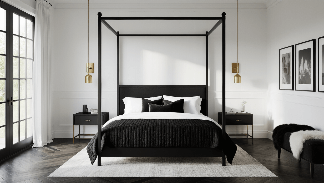 Photorealistic interior of a modern monochrome bedroom featuring a black iron canopy bed with white shiplap walls, golden hour sunlight through large windows, and elegant decor elements like layered pillows and brass accents, captured in soft natural light with a shallow depth of field.