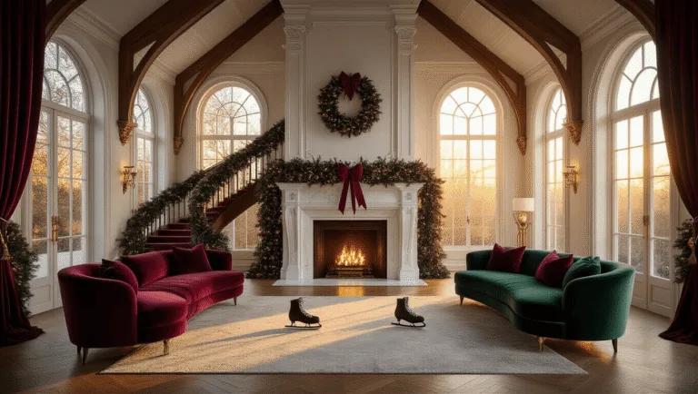 A grand Victorian living room bathed in warm golden hour light, featuring a marble fireplace adorned with evergreen garlands, vintage ice skates, and luxurious velvet furnishings in vibrant jewel tones, complemented by oversized burgundy and gold bows on a sweeping staircase. Crystal chandeliers and mercury glass ornaments add a touch of elegance, captured in a cinematic wide-angle shot.