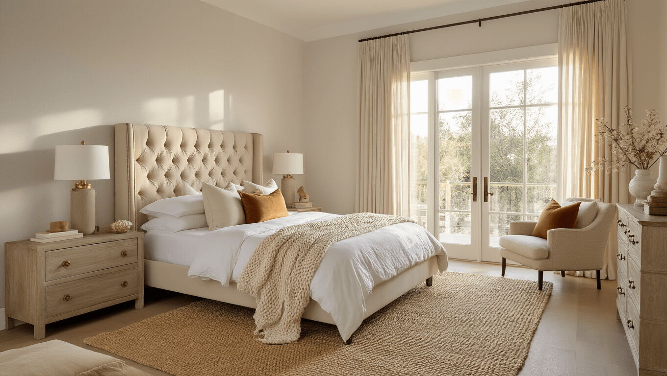 A luxurious beige bedroom interior featuring a king-sized platform bed with a tufted velvet headboard, layered with textured bedding, a handwoven jute rug, and a weathered oak dresser, illuminated by soft natural light through sheer curtains at golden hour.