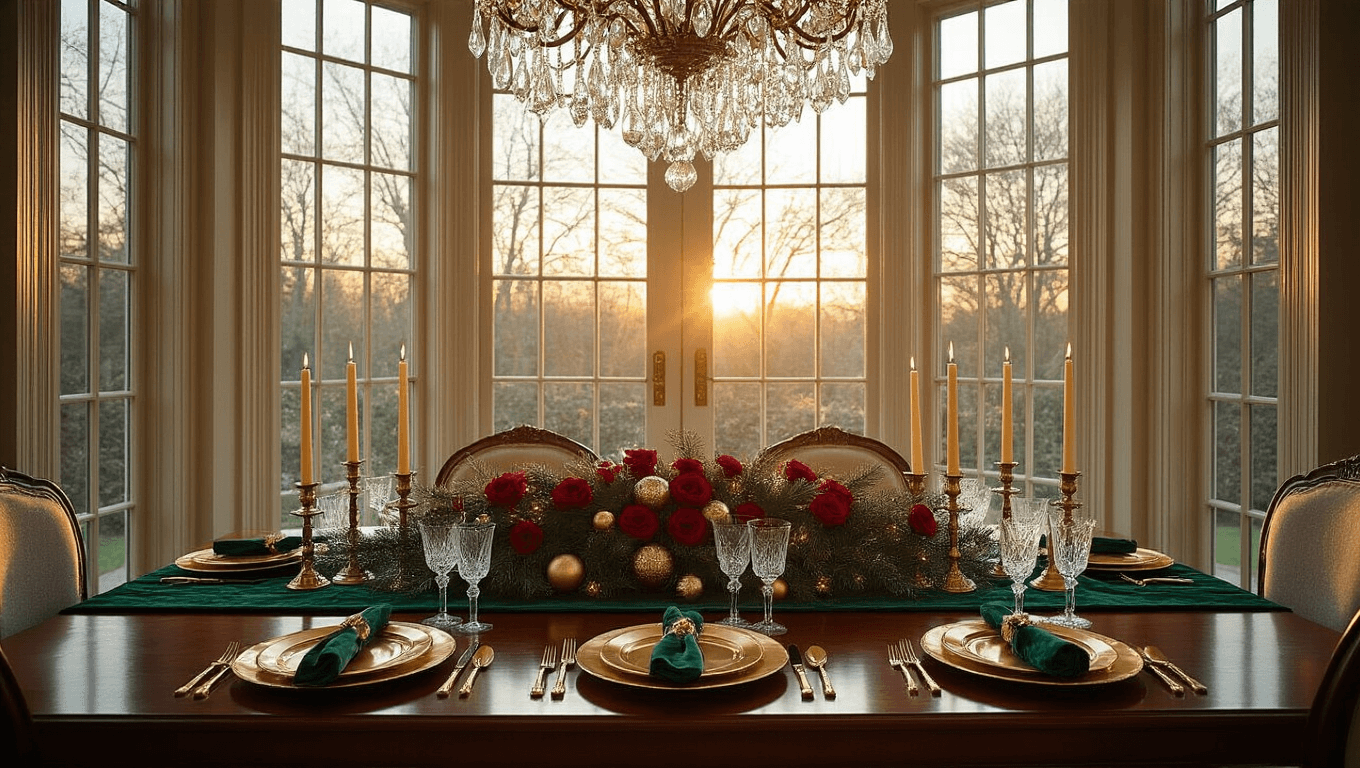 A lavish dining room set for a Christmas party, featuring a mahogany table with an emerald velvet runner, gold charger plates, crystal stemware, and a striking garland centerpiece, all illuminated by warm golden hour light.