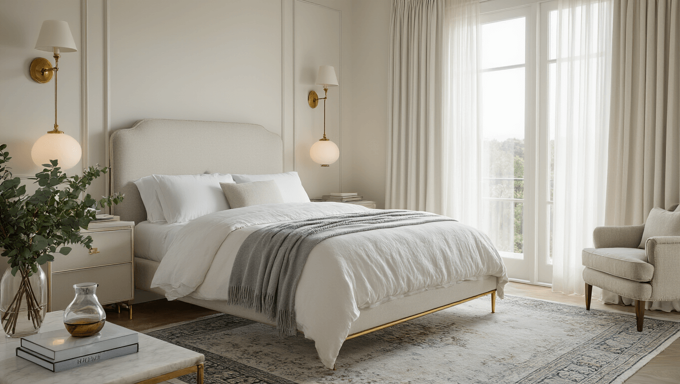 A serene and luxurious guest bedroom featuring a queen-size bed with brass legs, cloud-white linen bedding, and a cream bouclé headboard, bathed in soft morning light. The space includes vintage Persian rugs, marble-topped bedside tables, and elegant decor elements like a hand-blown glass carafe and eucalyptus in a vase, all captured in photorealistic detail.