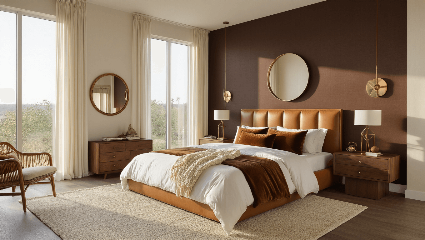 Cinematic photograph of a luxurious master bedroom with golden hour lighting, featuring a modern platform bed, rich chocolate brown accent wall, mid-century walnut side tables, and decorative accessories, all highlighted by lush textures and organic elements.