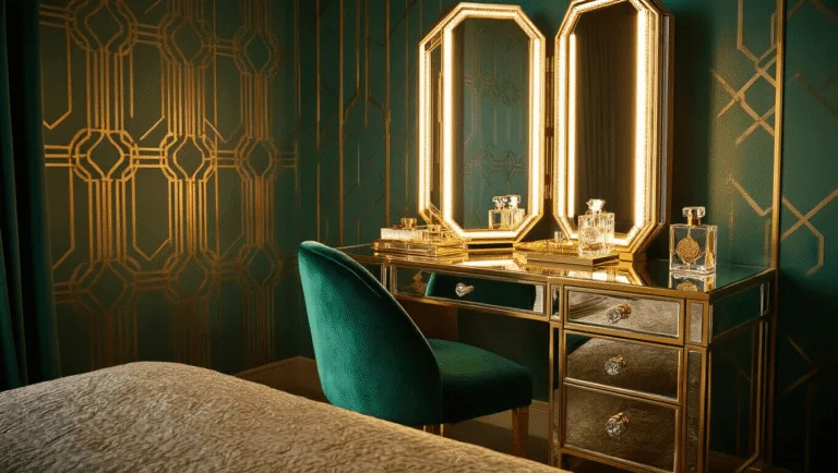 Glamorous art deco vanity area with mirrored table, champagne gold trim, emerald green velvet chair, ornate tri-fold mirror, and crystal accents, showcased during golden hour.