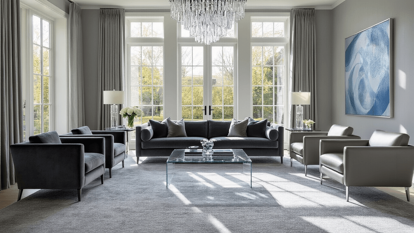 A sophisticated living room featuring a plush dove grey carpet, modern charcoal velvet sofa, light grey leather accent chairs, and a minimalist glass coffee table, illuminated by soft afternoon sunlight through floor-to-ceiling windows. The space showcases abstract blue and silver artwork on dove grey walls, with dramatic shadows and highlights creating a warm yet sophisticated atmosphere.