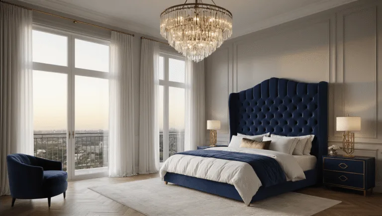 Luxurious master bedroom featuring a navy velvet tufted headboard, oversized crystal and brass chandelier, and floor-to-ceiling windows with sheer ivory drapes, captured in warm golden hour light.
