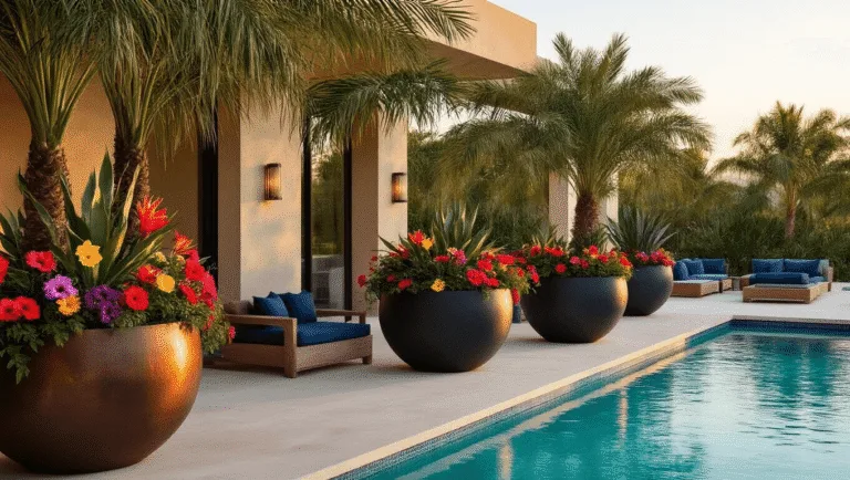 A luxurious Mediterranean pool area at golden hour, featuring high-end planters with palm trees, hibiscus, and bird of paradise, surrounded by warm beige stone, weathered teak furniture, and illuminated by soft uplighting, with a turquoise pool reflecting the evening light.