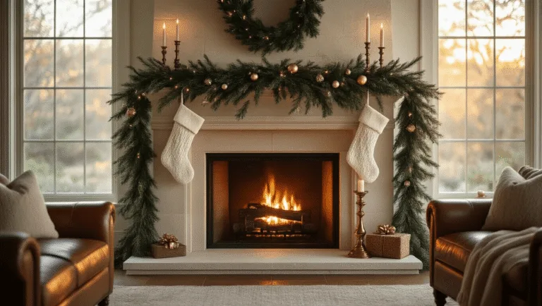 Photorealistic interior shot of a craftsman-style living room fireplace at golden hour, featuring a limestone hearth, lush garland, vintage ornaments, cable-knit stockings, and ambient candlelight, with rich leather furniture and soft sunlight casting warm shadows.