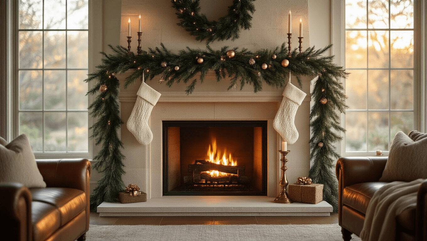 Photorealistic interior shot of a craftsman-style living room fireplace at golden hour, featuring a limestone hearth, lush garland, vintage ornaments, cable-knit stockings, and ambient candlelight, with rich leather furniture and soft sunlight casting warm shadows.
