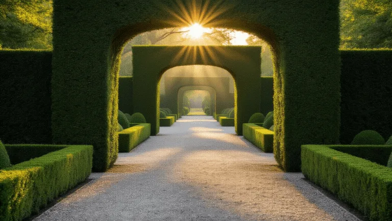 A formal garden entrance featuring symmetrical boxwood hedges forming an archway, illuminated by golden hour sunlight, with intricate shadows on a gravel path, dewdrops on leaves, and a subtle mist creating an ethereal atmosphere.
