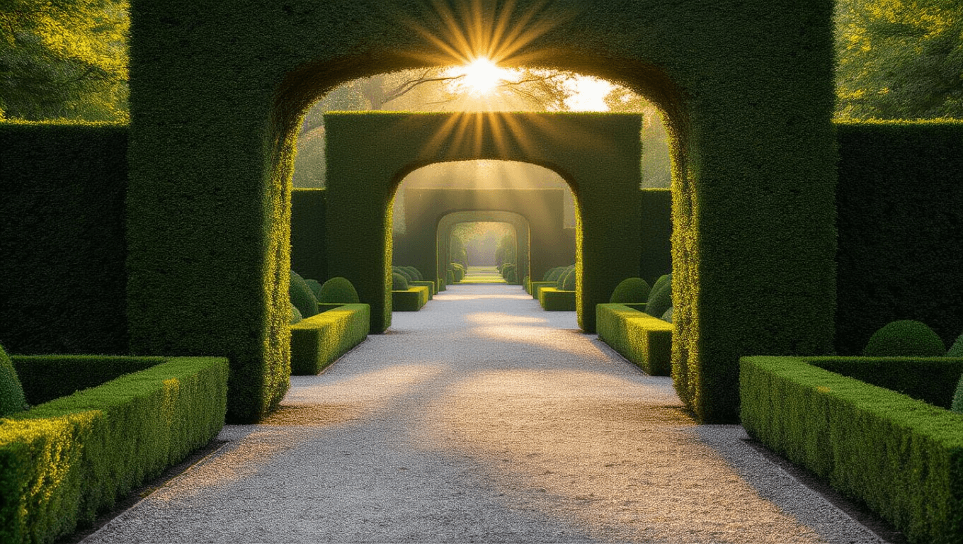A formal garden entrance featuring symmetrical boxwood hedges forming an archway, illuminated by golden hour sunlight, with intricate shadows on a gravel path, dewdrops on leaves, and a subtle mist creating an ethereal atmosphere.