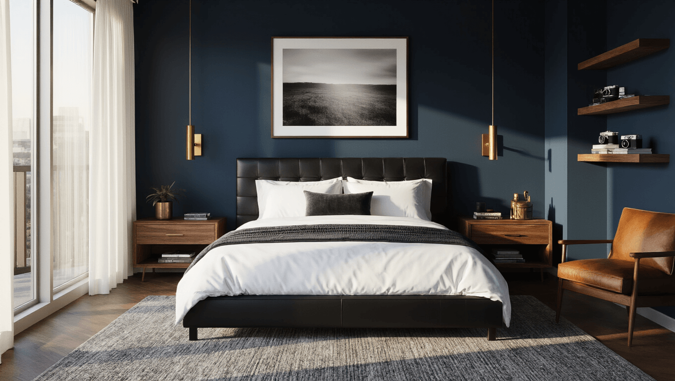 A luxurious masculine bedroom bathed in golden hour light, featuring a black leather platform bed, navy accent wall, walnut nightstands with brass sconces, and stylish decor elements including velvet pillows and vintage cameras, captured in a moody, photorealistic style.