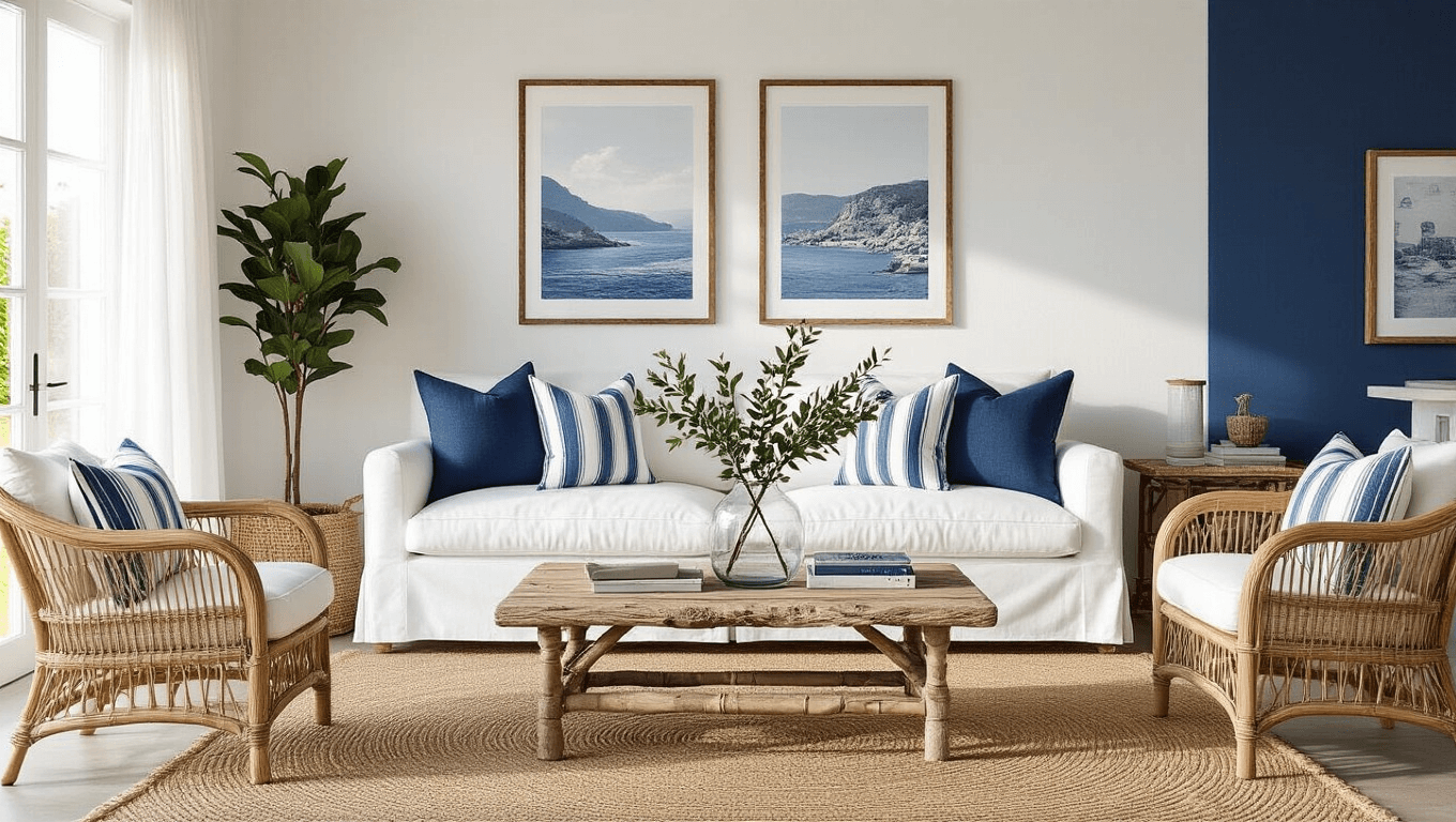 A sunlit Mediterranean-inspired living room featuring whitewashed walls, a navy blue accent wall with coastal prints, a plush white linen sofa with blue and white striped pillows, natural rattan armchairs, a driftwood coffee table with olive branches, and a sisal rug, captured in golden hour lighting with soft shadows and rich textures.