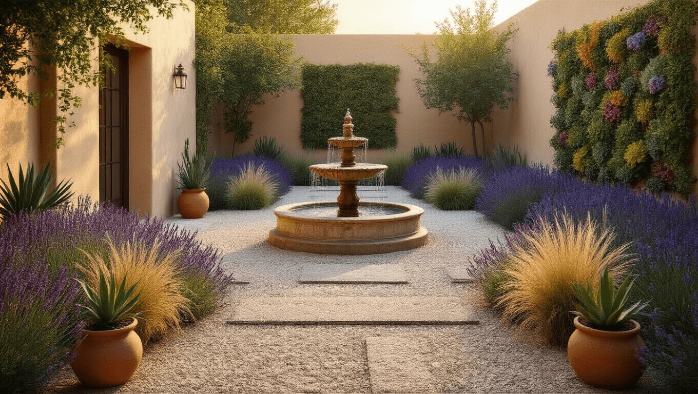 Cinematic wide-angle shot of a tranquil Mediterranean gravel courtyard garden featuring a central stone fountain, blooming lavender, ornamental grasses, and drought-resistant plants, captured at golden hour with warm sunlight casting long shadows.