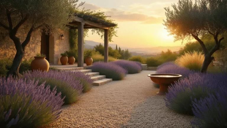 Photorealistic wide-angle view of a sunlit Mediterranean gravel garden at golden hour, featuring honey-colored gravel paths, blooming lavender, terracotta pots with olive trees, a wooden pergola with pink roses, and a vintage copper bird bath, all under a warm golden sunset sky.