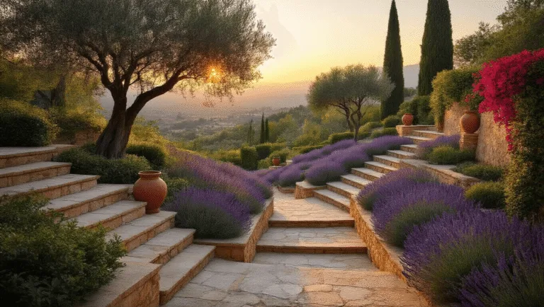 A multi-level Mediterranean garden at golden hour featuring terraced levels with weathered stone walls, olive and cypress trees, lavender borders, and vibrant bougainvillea, illuminated by warm sunlight and subtle landscape lighting.
