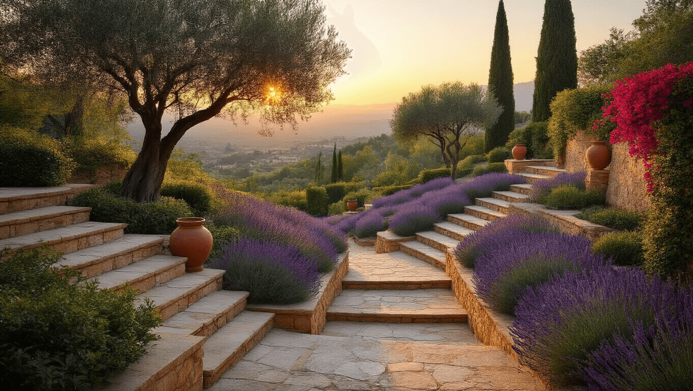 A multi-level Mediterranean garden at golden hour featuring terraced levels with weathered stone walls, olive and cypress trees, lavender borders, and vibrant bougainvillea, illuminated by warm sunlight and subtle landscape lighting.