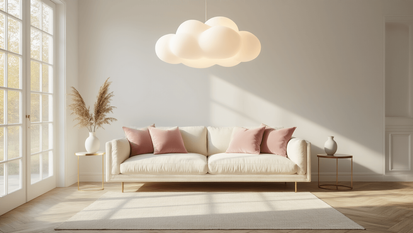 A bright and airy minimalist living room featuring an ivory linen sofa with blush pink pillows, illuminated by golden hour sunlight through large windows, with a whimsical cloud-shaped lamp overhead and light oak herringbone flooring.