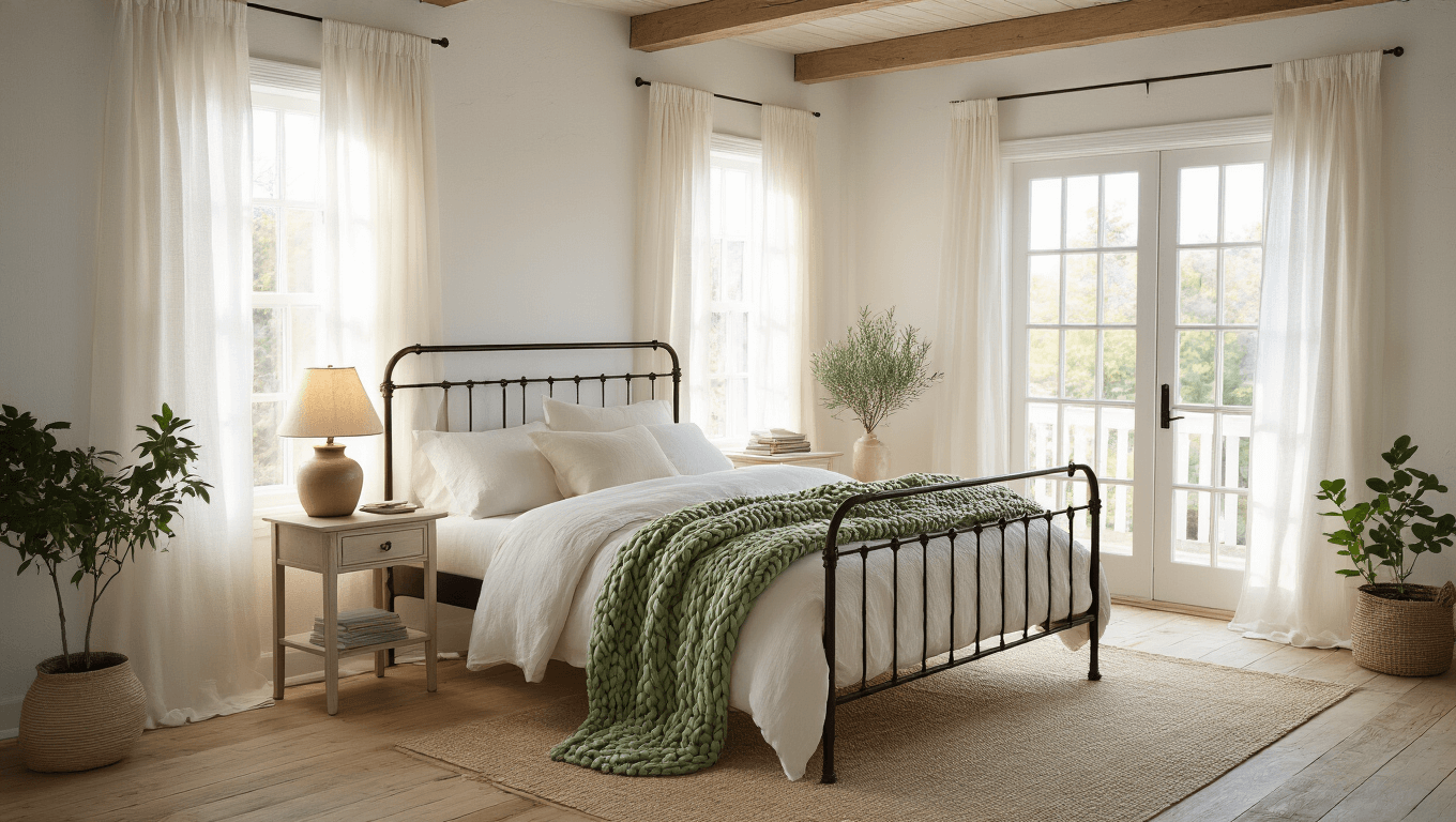 A serene minimalist cottagecore bedroom at golden hour, featuring a vintage iron bed with white linens and a sage green throw, weathered oak flooring, whitewashed walls, a pine nightstand with a lamp and rosemary, houseplants by French doors, and exposed wooden beams, all bathed in soft natural light.
