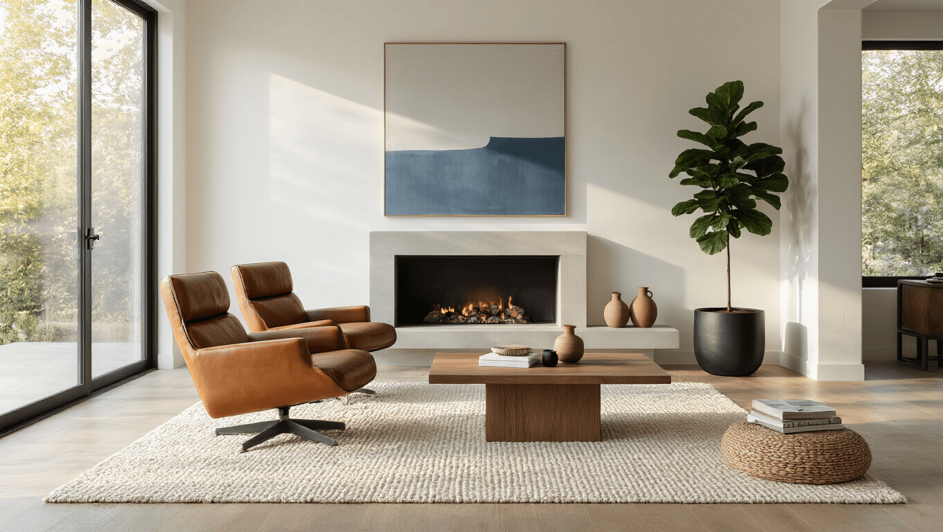 A sun-drenched contemporary living room with a cognac leather armchair, oversized abstract canvas, minimalist concrete fireplace, walnut coffee table, and personal touches like ceramic vessels and a fiddle leaf fig in a matte black planter.