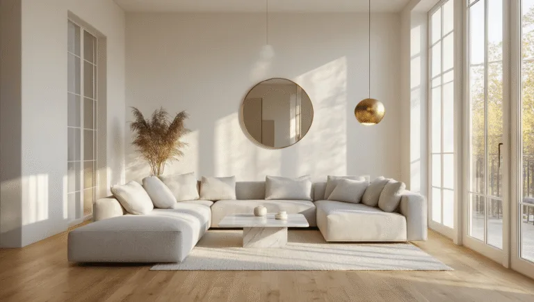 A bright, airy minimalist living room featuring a light gray linen sofa, marble coffee table, and warm oak hardwood flooring, illuminated by golden hour sunlight through floor-to-ceiling windows, with modern brass pendant lights and an oversized mirror reflecting the natural light.