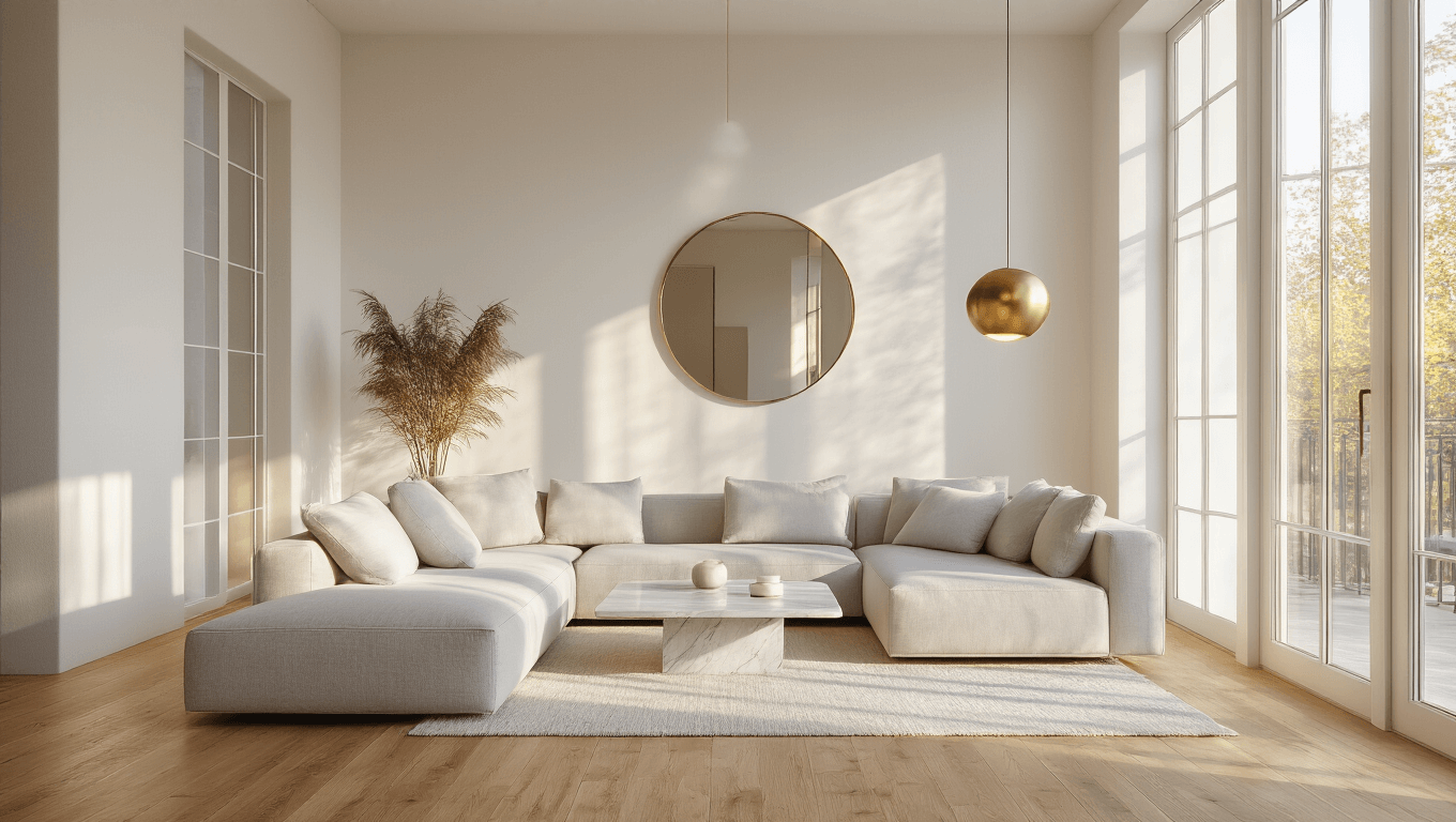 A bright, airy minimalist living room featuring a light gray linen sofa, marble coffee table, and warm oak hardwood flooring, illuminated by golden hour sunlight through floor-to-ceiling windows, with modern brass pendant lights and an oversized mirror reflecting the natural light.