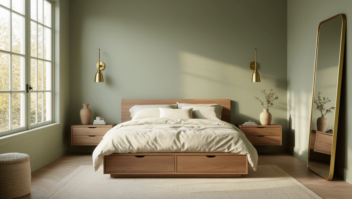 A minimalist sage green bedroom corner featuring a light oak platform bed with built-in storage, brass sconces, walnut nightstands, and a full-length mirror, illuminated by morning golden light through a tall window, capturing a boutique hotel aesthetic.