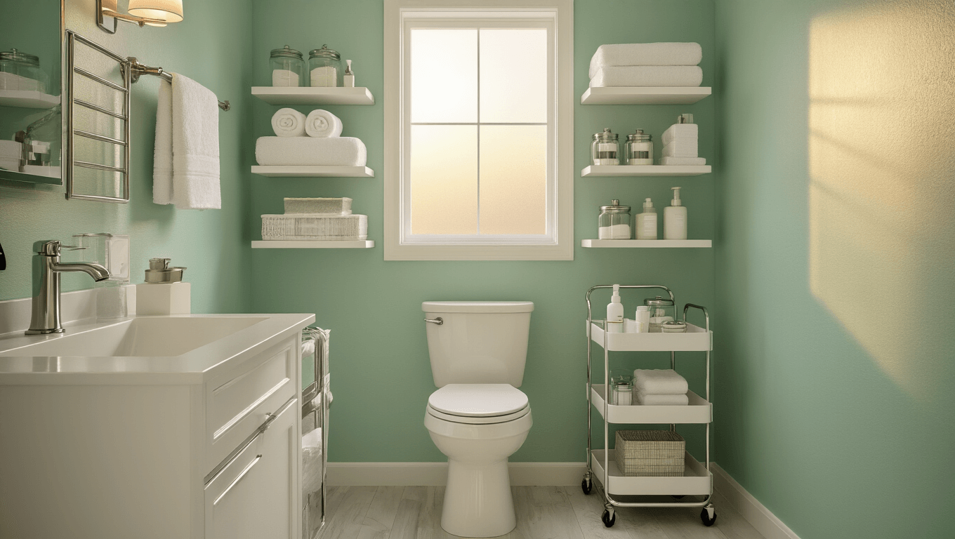 A compact modern bathroom with mint green walls, white fixtures, and organized storage solutions, featuring floating shelves, a rolling cart, and warm golden hour sunlight.