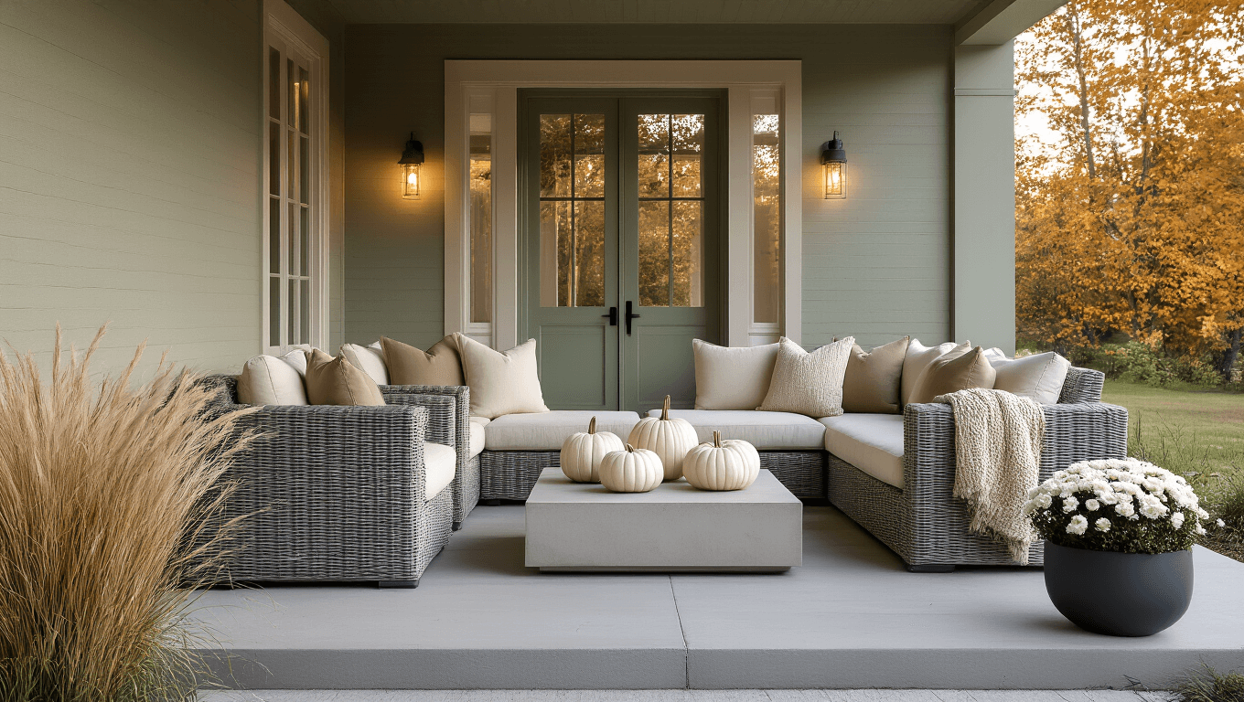 A sophisticated covered porch decorated for autumn with gray wicker furniture, cream and taupe cushions, heirloom pumpkins, and warm string lights, set against a sage green door during golden hour.