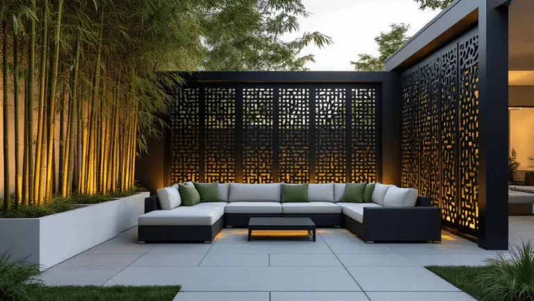 Photorealistic contemporary backyard sanctuary at dusk, featuring a black privacy screen with geometric cutouts, a charcoal sectional sofa with ivory and sage cushions, and bamboo in white planters, all illuminated by warm LED lighting.