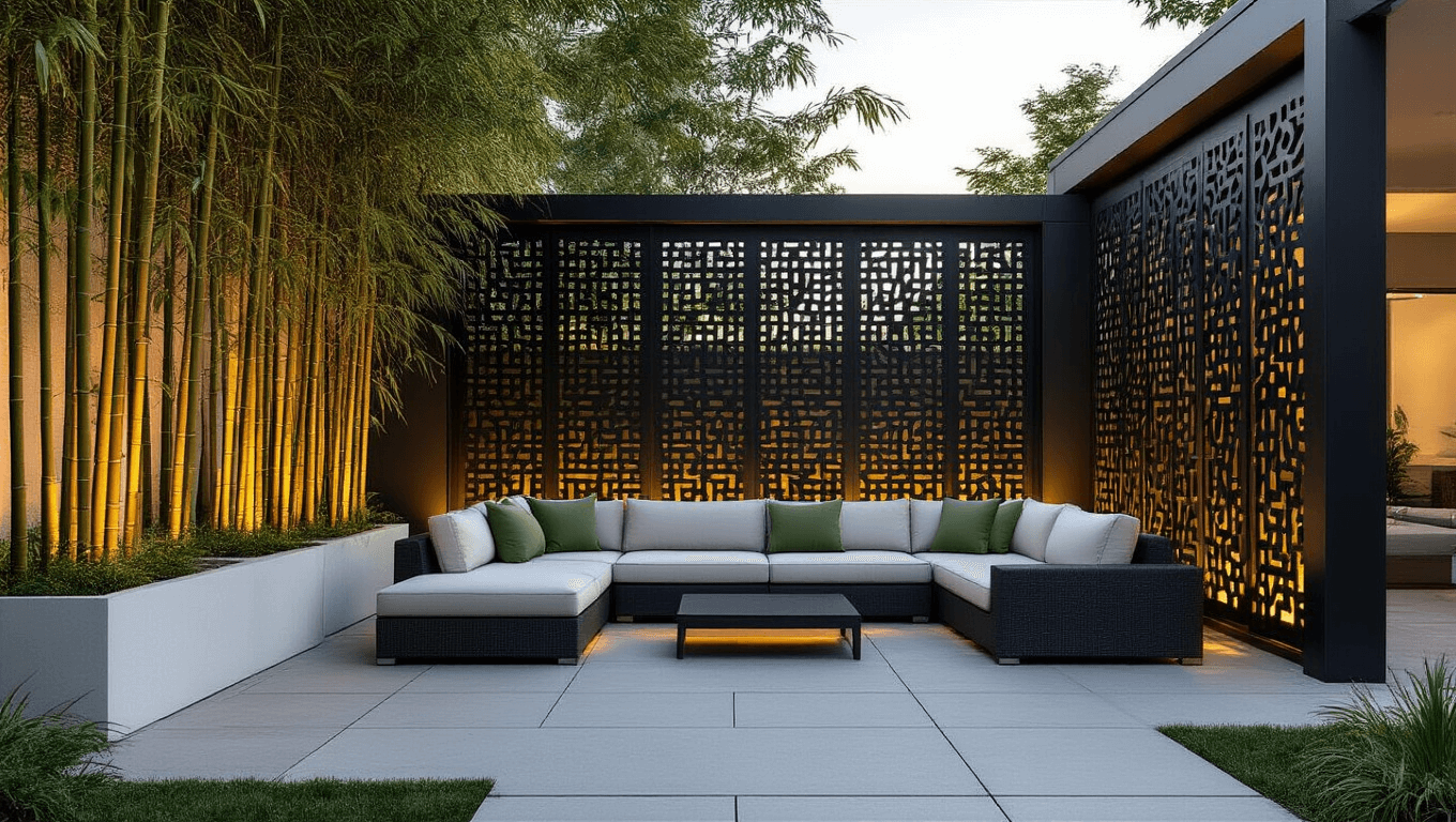 Photorealistic contemporary backyard sanctuary at dusk, featuring a black privacy screen with geometric cutouts, a charcoal sectional sofa with ivory and sage cushions, and bamboo in white planters, all illuminated by warm LED lighting.