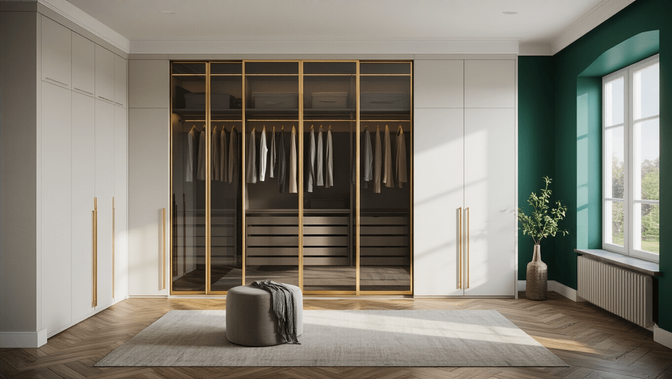 Photorealistic luxurious master bedroom featuring floor-to-ceiling sliding wardrobes with smoky mirror panels and brushed gold handles, illuminated by natural morning light, highlighting herringbone wooden flooring and an emerald green accent wall.