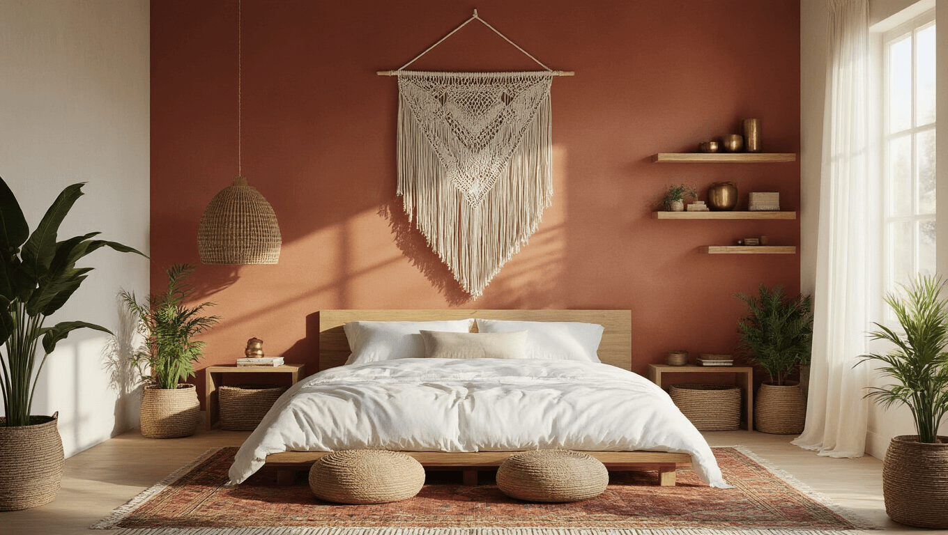 A sun-drenched boho-modern bedroom featuring a dramatic macrame wall hanging, warm terracotta accent wall, low-profile wooden platform bed with white linens, natural fiber baskets, potted plants, sheer linen curtains, vintage Moroccan rug, and asymmetrically arranged floating wooden shelves, all captured in soft natural lighting.