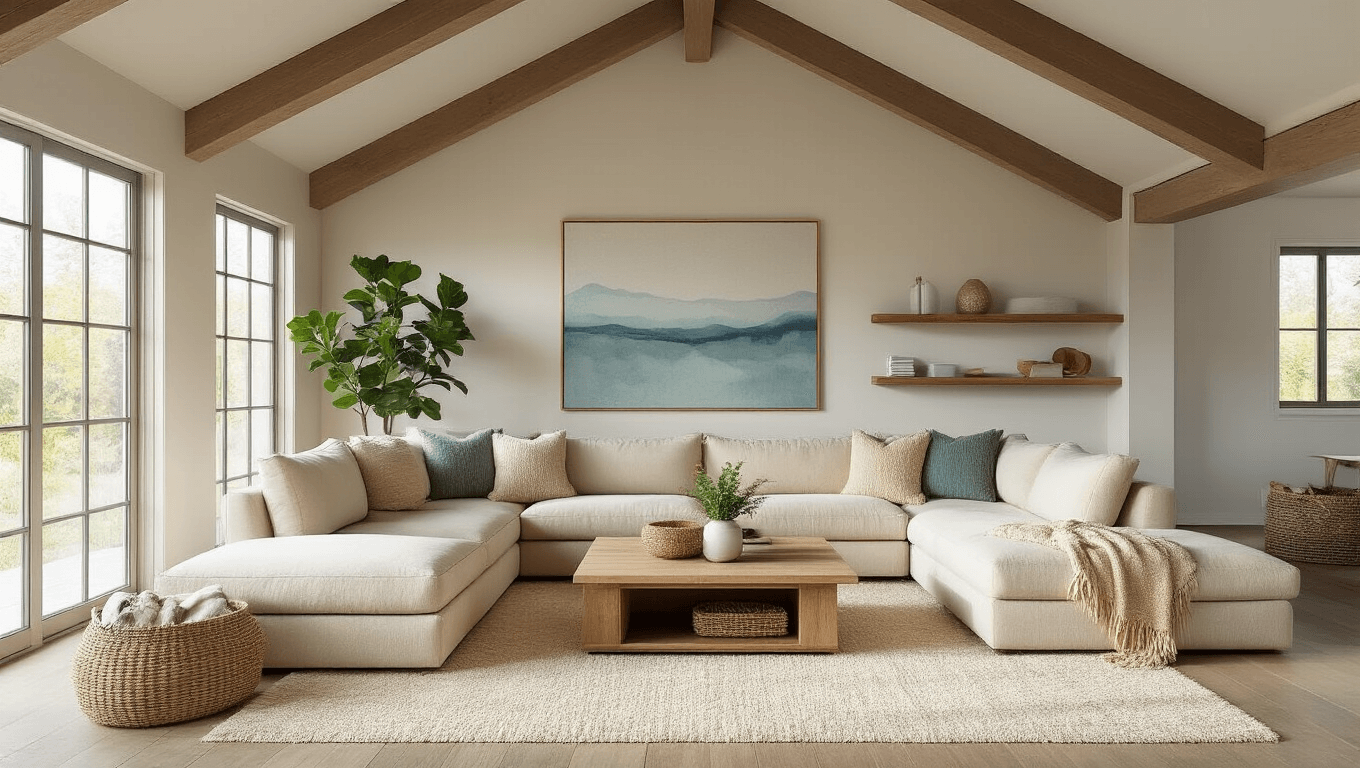 A sun-drenched minimalist living room featuring an oatmeal-colored sectional sofa, natural wood coffee table, high-pile cream area rug, and floor-to-ceiling windows, illuminated by golden hour light, with exposed beams and abstract art.