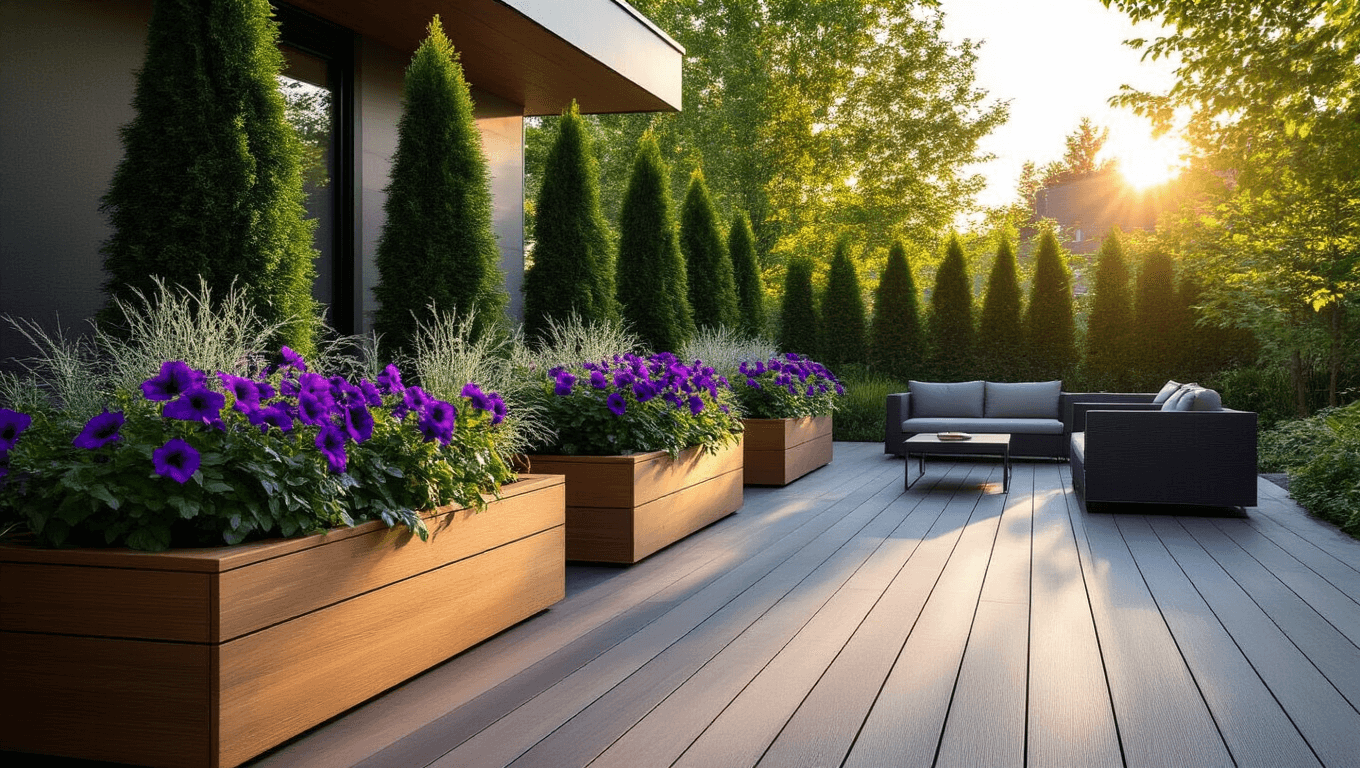 Photorealistic architectural photography of a luxurious modern deck at golden hour, featuring built-in cedar planters with purple petunias, sleek charcoal gray composite decking, and minimalist outdoor furniture, with dramatic shadows and warm ambient lighting.