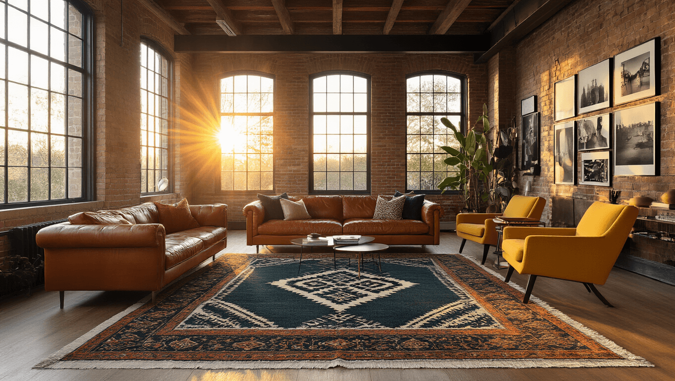 Cinematic wide-angle shot of a sun-drenched living room featuring layered rugs, including a vintage Persian rug and a contemporary geometric rug, with warm sunlight streaming through floor-to-ceiling windows, highlighting a cognac leather sofa, mustard yellow mid-century chairs, and a curated gallery wall, all set against exposed brick walls and industrial beams.