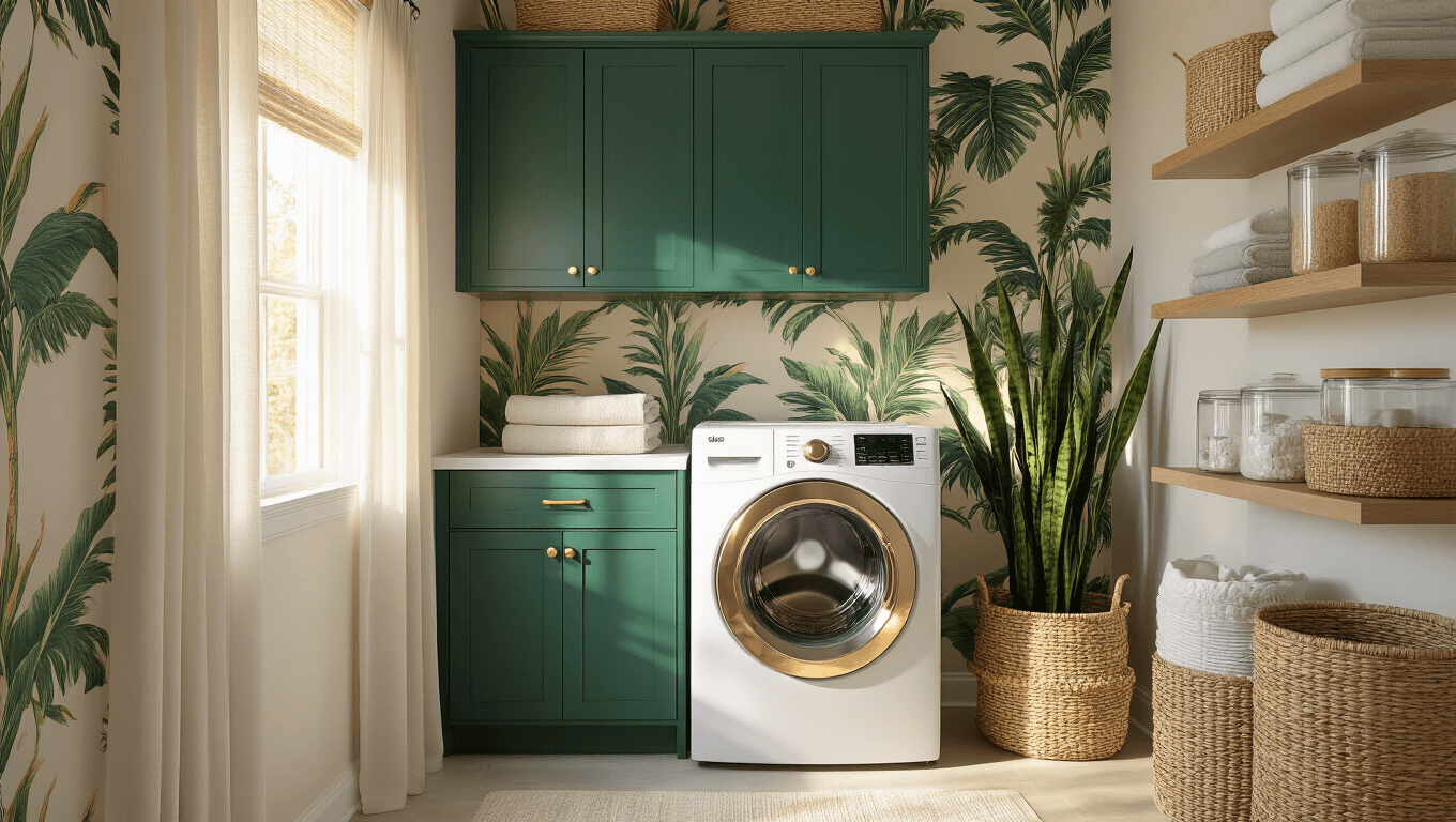 A compact laundry room with emerald green shaker-style cabinets and brass hardware, featuring a stacked washer-dryer unit, warm sunlight filtering through sheer curtains, tropical palm leaf wallpaper, and decorative elements like seagrass baskets and a snake plant, captured in photorealistic detail at golden hour.