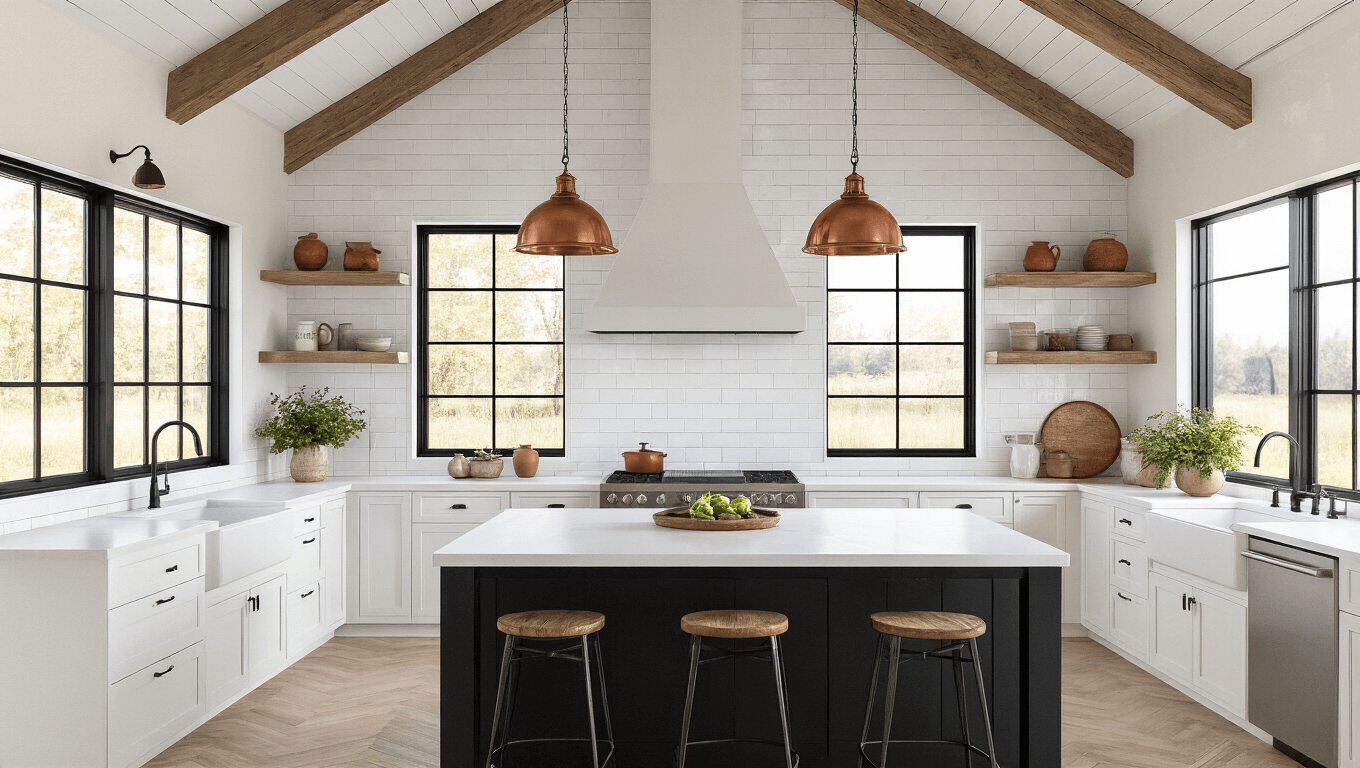 Ultrawide cinematic view of a sunlit modern farmhouse kitchen featuring white shaker cabinets, a matte black island with a quartz waterfall countertop, vaulted ceiling with wooden beams, vintage copper pendant lights, and professional-grade appliances, all set in an inviting, textured environment.