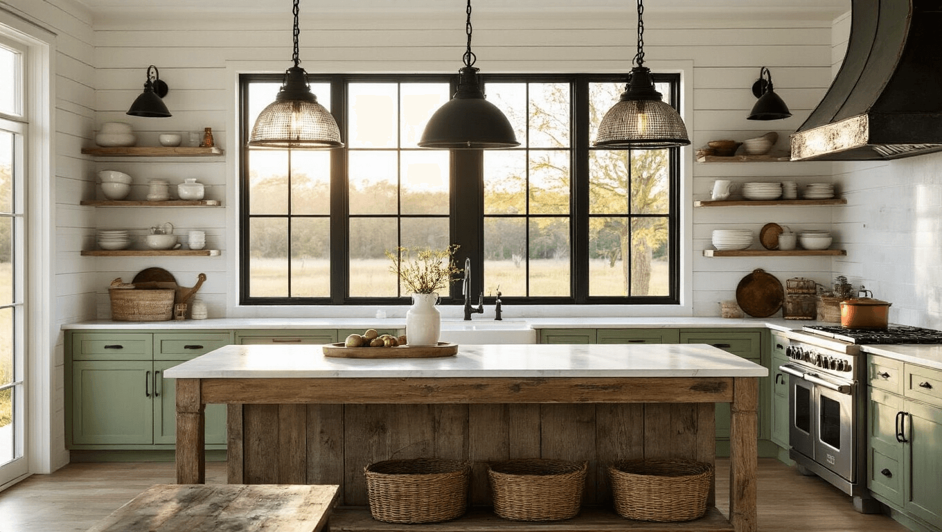 A sun-drenched modern farmhouse kitchen with layered lighting, featuring a weathered wood island, oversized black iron pendant lights, white shiplap walls, sage green cabinets, and a reclaimed barn wood dining table, complemented by mason jar pendant lights and mixed metal accents.