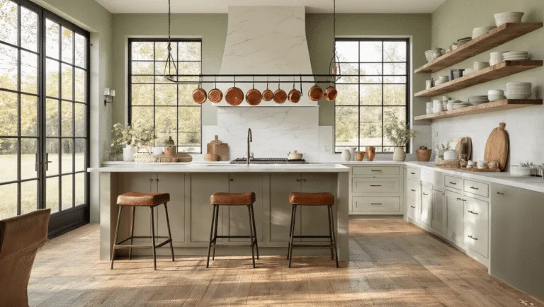 A wide-angle shot of a sophisticated farmhouse kitchen with warm morning light, featuring white shaker cabinets, a honed marble island, vintage copper pots, reclaimed wood flooring, and soft sage green accent walls.
