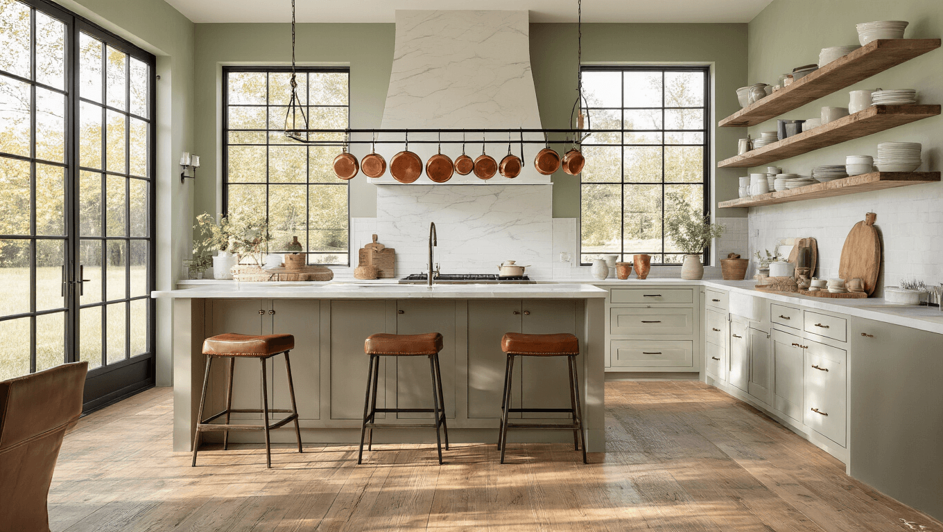 A wide-angle shot of a sophisticated farmhouse kitchen with warm morning light, featuring white shaker cabinets, a honed marble island, vintage copper pots, reclaimed wood flooring, and soft sage green accent walls.