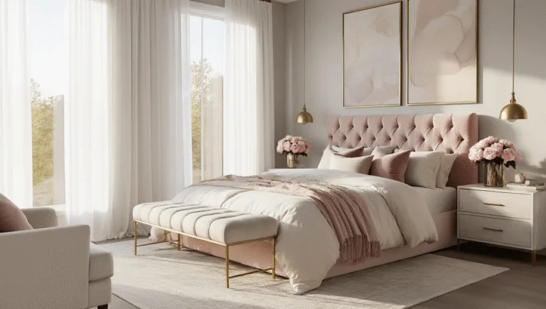 A modern feminine bedroom bathed in soft golden hour sunlight, featuring a blush velvet tufted headboard, layered ivory and champagne linens, brass-accented nightstands with marble tops, and a gallery wall of oversized abstract art in muted pastels.
