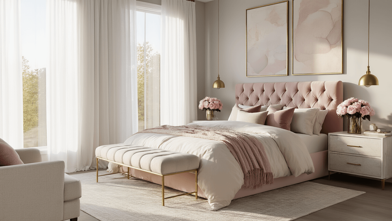 A modern feminine bedroom bathed in soft golden hour sunlight, featuring a blush velvet tufted headboard, layered ivory and champagne linens, brass-accented nightstands with marble tops, and a gallery wall of oversized abstract art in muted pastels.