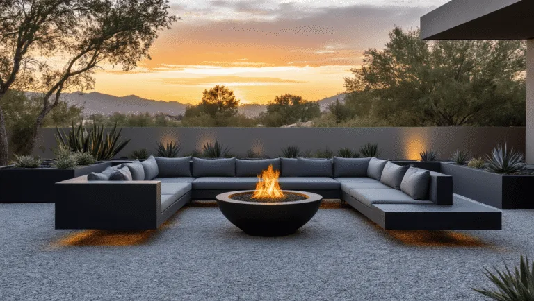 A luxurious modern fire pit area at dusk, featuring a sleek black fire bowl on grey gravel, surrounded by minimalist sectional seating and LED lighting, reflecting a serene and sophisticated outdoor retreat.