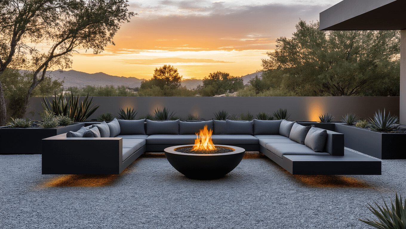 A luxurious modern fire pit area at dusk, featuring a sleek black fire bowl on grey gravel, surrounded by minimalist sectional seating and LED lighting, reflecting a serene and sophisticated outdoor retreat.